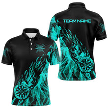 Load image into Gallery viewer, Black And Turquoise Fire Flame Darts Polo &amp; Quarter Zip Custom Dart Shirt For Men Dart Jerseys TDM3341