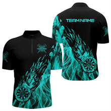 Load image into Gallery viewer, Black And Turquoise Fire Flame Darts Polo &amp; Quarter Zip Custom Dart Shirt For Men Dart Jerseys TDM3341
