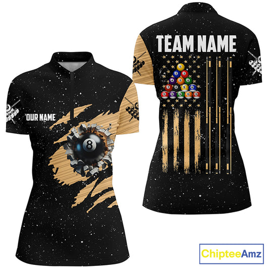 Custom Grunge US Flag 8 Ball Women Billiard Quarter-Zip Shirts, Patriotic Pool Player Shirts TDM0999