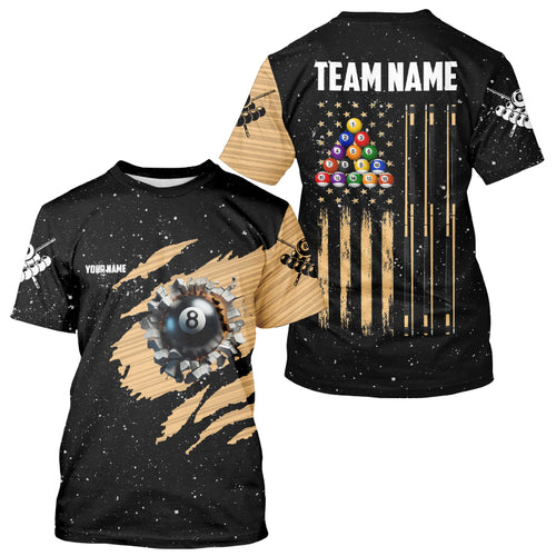Customized Grunge American Flag 8 Ball Pool Billiard T Shirts For Men, Patriotic Pool Player Shirt TDM0999