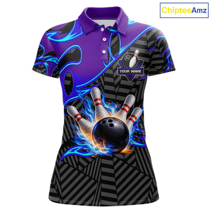 Custom Blue Purple Bowling Jersey For Women, Bowling Tournament Team Shirt Polo & Quarter Zip TDM5826