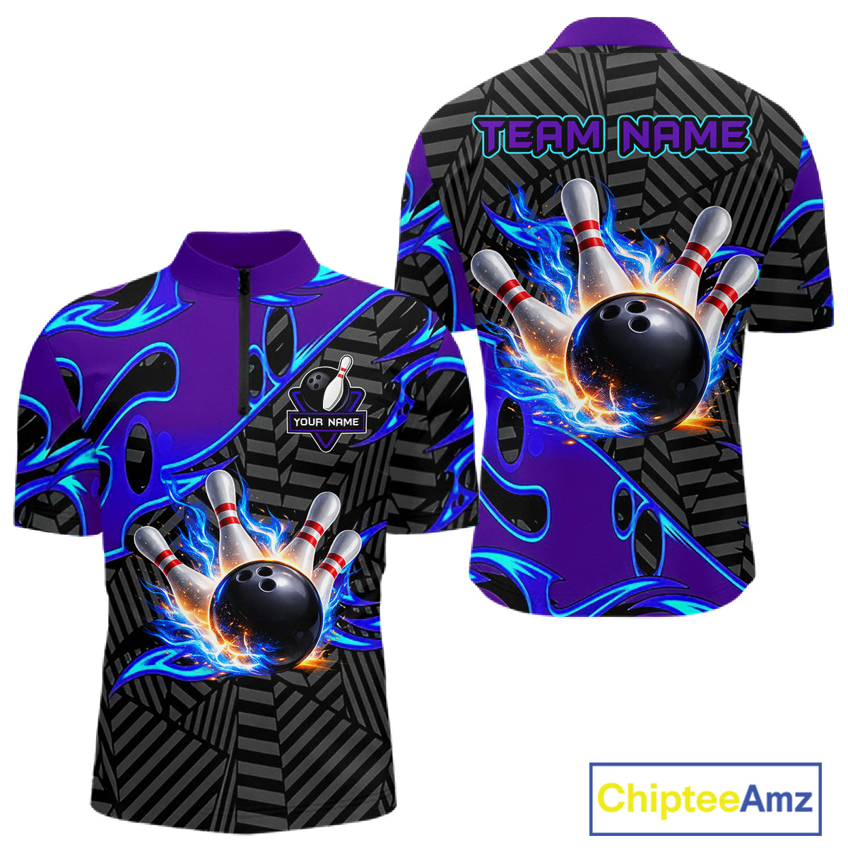 Custom Blue Purple Bowling Jersey For Men, Bowling Tournament Team Shirt Polo & Quarter Zip TDM5826