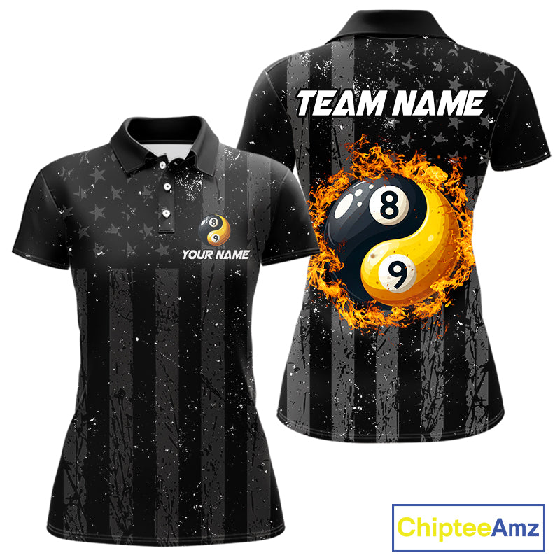 Black US Flag Ying And Yang 8 Ball & 9 Ball Custom Billiard Shirts For Women Funny Billiard Jerseys TDM4082