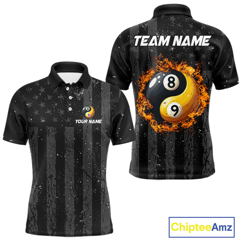 Black US Flag Ying And Yang 8 Ball & 9 Ball Custom Billiard Shirts For Men Funny Billiard Jerseys TDM4082