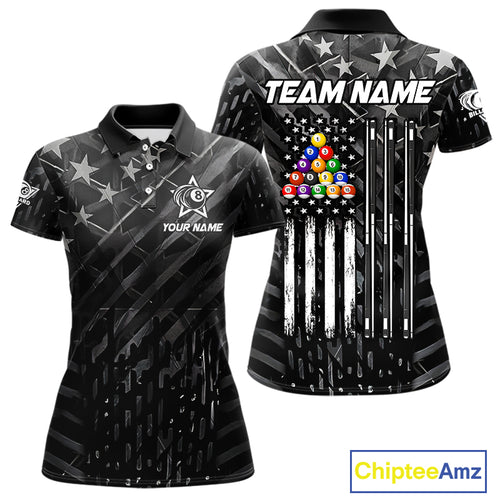 Black US Flag 8 Ball Billiard Shirts For Women Custom Patriotic Billiard Team Shirts, Pool Jerseys TDM4084