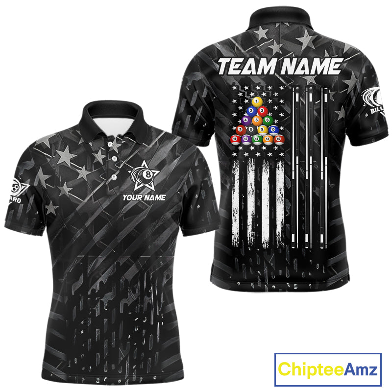 Black US Flag 8 Ball Billiard Shirts For Men Custom Patriotic Billiard Team Shirts, Pool Jerseys TDM4084