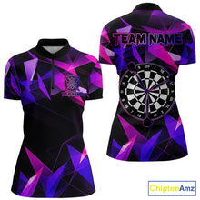 Load image into Gallery viewer, Pink and purple darts quarter zip shirt with geometric design and dartboard, customizable name and team name.