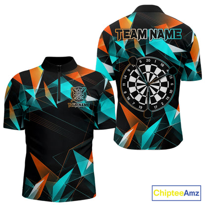 Orange and turquoise darts quarter zip shirt with geometric design and dartboard, customizable name and team name