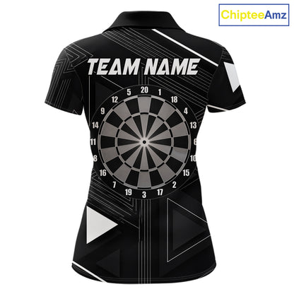 Black polo shirt with dartboard design and customizable text on a geometric background