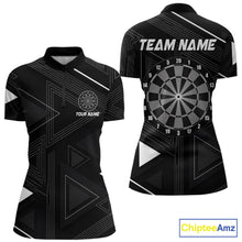 Load image into Gallery viewer, Black quarter zip shirt with dartboard design and customizable text on a geometric background