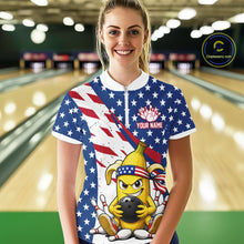 Load image into Gallery viewer, Woman wearing a patriotic-themed quarter zip shirt with a banana cartoon character holding a bowling ball in a bowling alley.