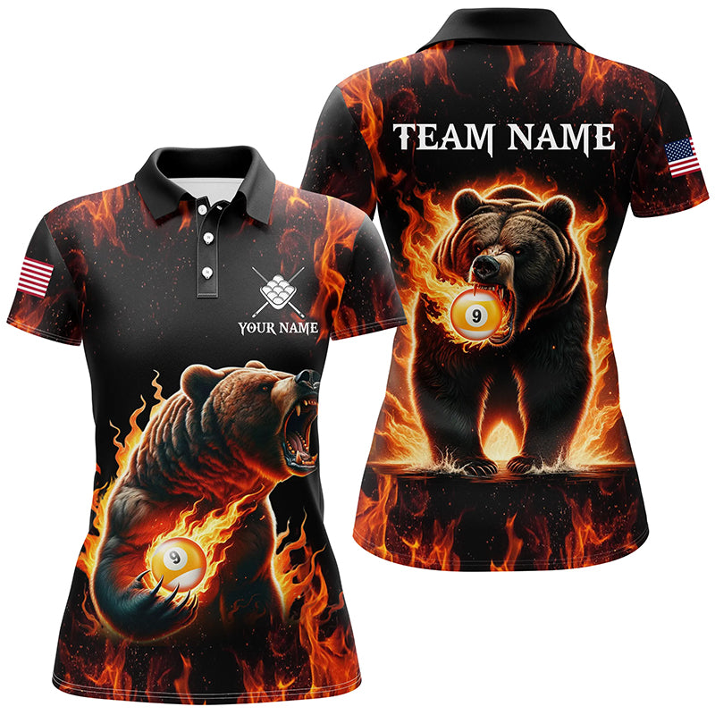 Custom Funny Bear & 9 Ball Pool Fire Flame Women Polo & Quarter-Zip Shirts, Unique Billiard Attire TDM1921