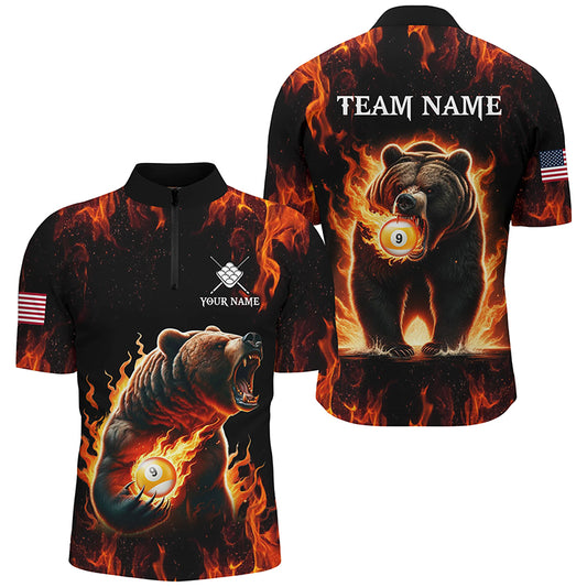 Custom Funny Bear & 9 Ball Pool Fire Flame Men Polo & Quarter-Zip Shirts, Billiard Team Jersey TDM1921