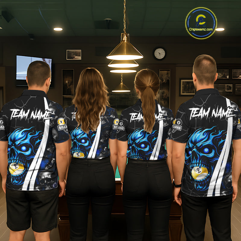 Back view of pool team wearing matching blue skull 8 ball and 9 ball billiard shirts.
