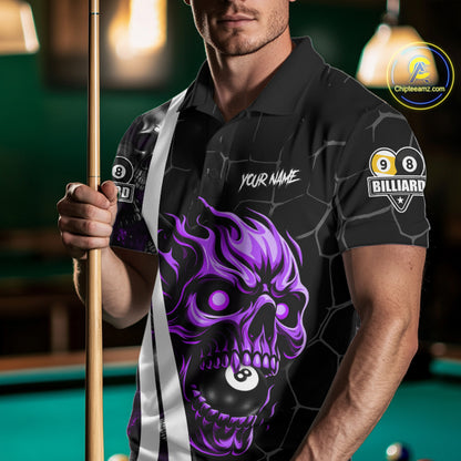 Man wearing a purple skull 8 ball and 9 ball billiard jersey front view.