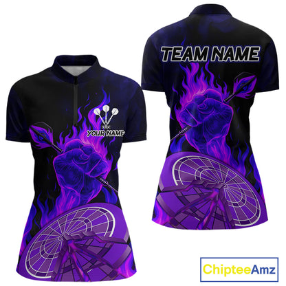Flame Darts & Crack Dartboard 3D Custom Purple Dart 1/4-Zip Shirts For Women, Dart Jerseys NYN0810