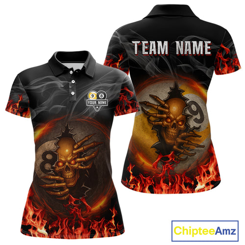 Funny Skull Billiard 8 Ball & 9 Ball Pool Shirt For Women Custom Orange Flame Billiard Team Jerseys TDM4451