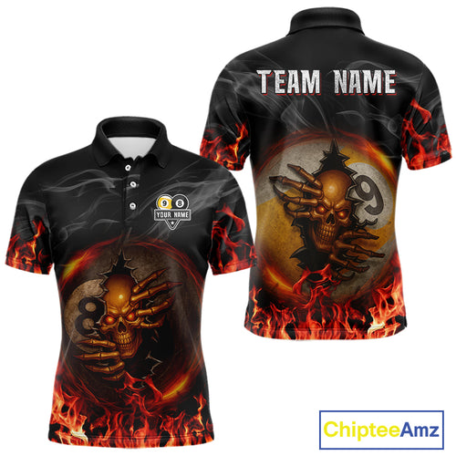 Funny Skull Billiard 8 Ball & 9 Ball Pool Shirt For Men Custom Orange Flame Billiard Team Jerseys TDM4451
