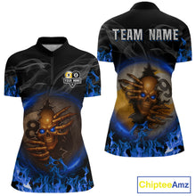 Load image into Gallery viewer, Funny Skull Billiard 8 Ball &amp; 9 Ball Pool Shirt For Women Custom Blue Flaming Billiard Team Jerseys TDM4453