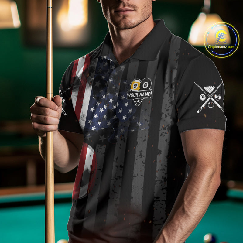 Man Wearing Personalized Smoke US Flag 8 Ball 9 Ball Billiard Polo Shirt with Athletic Performance Fit and Patriotic Graphic Artwork, Front View