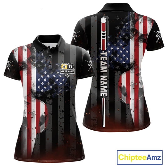 Personalized Smoke US Flag 8 Ball 9 Ball Billiard Polo Shirt for Women Featuring Patriotic American Flag Artwork for Pool League Players, Team Competition, and Tournament Events
