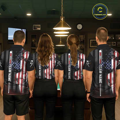 Pool Team Wearing Personalized Smoke US Flag Custom Billiard Team Jerseys Featuring the Complete Back Artwork, Back View