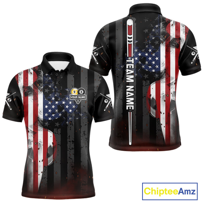 Personalized Smoke US Flag 8 Ball 9 Ball Billiard Polo Shirt for Men Featuring Patriotic American Flag Artwork for Pool League Players, Team Competition, and Tournament Events
