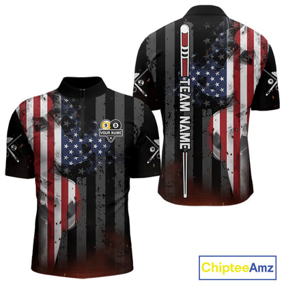 Personalized Smoke US Flag 8 Ball 9 Ball Quarter Zip Billiard Shirt for Men Created for Competitive Pool League Teams with Performance Fabric and Tournament Ready Comfort