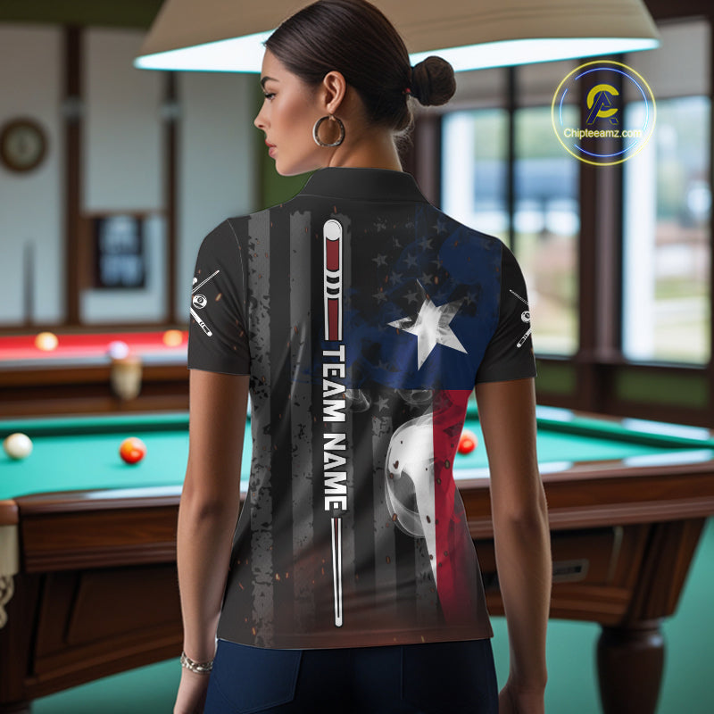 Woman Wearing Personalized Vintage Smoke Texas Flag Custom Pool Team Jersey Featuring the Complete Rear Graphic Design, Back View