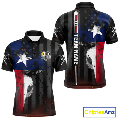 Personalized Vintage Smoke Texas Flag 8 Ball 9 Ball Billiard Polo Shirt for Men Featuring Patriotic Texas Flag Artwork for Pool League Players, Team Competition, and Tournament Events