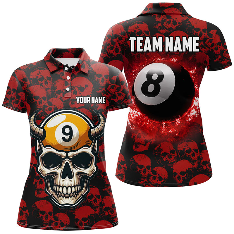 Personalized Billiard Jersey 8 & 9 Ball Custom Funny Skull Pattern Billiard Shirts For Women |Red TDM2370