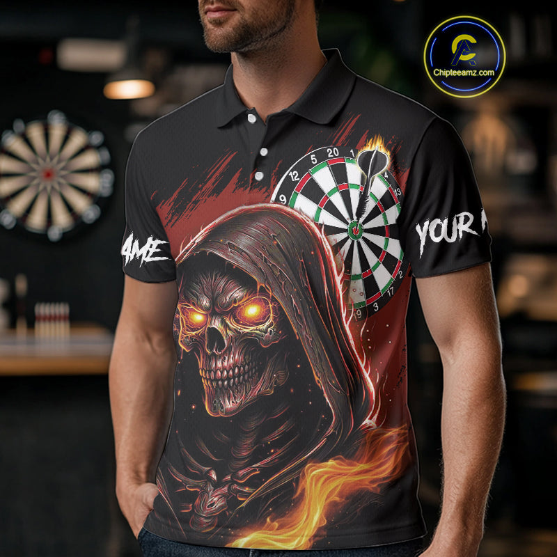 Personalized Red Grim Reaper Fire Dart Shirts For Men Custom Skull Dart Jersey Polo & 1/4 Zip TDM4891