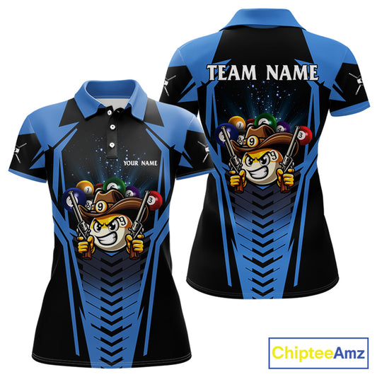 Personalized 9 Ball Cowboy Billiard Shirts For Women, Funny Billiard Shirts Billiard Jerseys |Blue TDM3103