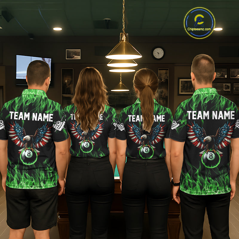 Green Flaming American Flag Eagle 8 Ball Billiard Shirt For Men Custom Patriotic Pool Team Jersey TDM5589