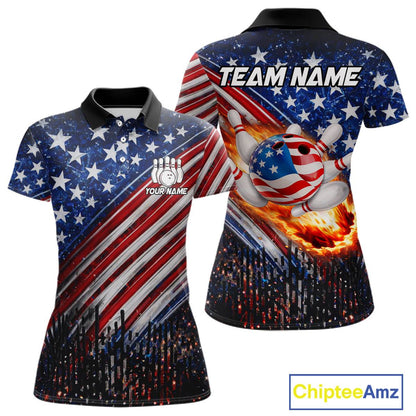 American Flag Fire Patriotic Bowling Shirt For Women Custom Bowling Team Jersey Polo & 1/4 Zip TDM6204
