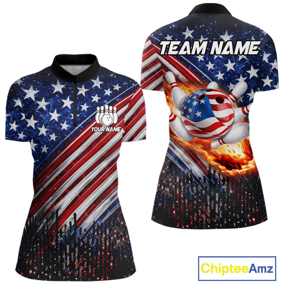 American Flag Fire Patriotic Bowling Shirt For Women Custom Bowling Team Jersey Polo & 1/4 Zip TDM6204