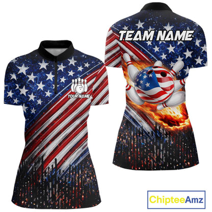 American Flag Fire Patriotic Bowling Shirt For Women Custom Bowling Team Jersey Polo & 1/4 Zip TDM6204