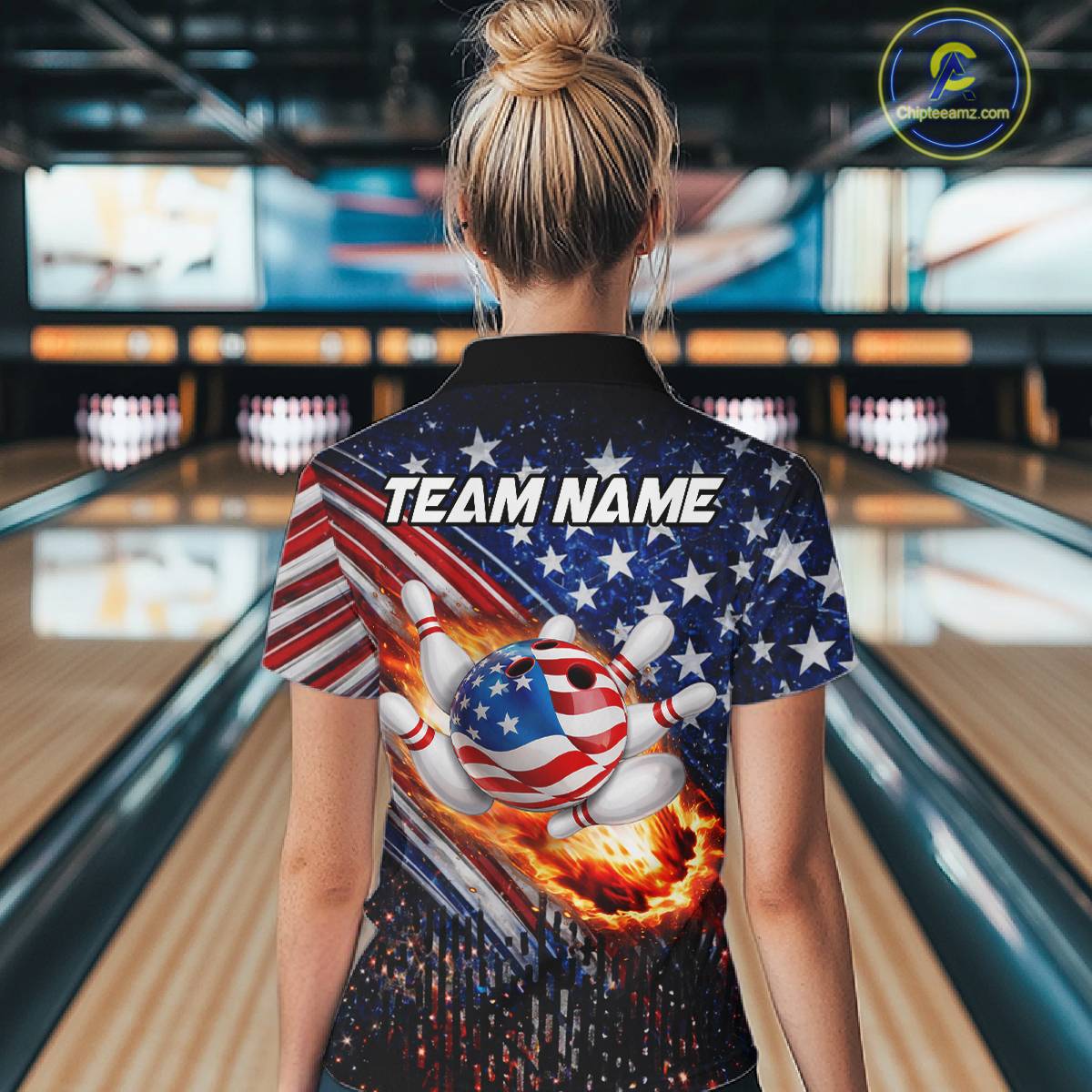 American Flag Fire Patriotic Bowling Shirt For Women Custom Bowling Team Jersey Polo & 1/4 Zip TDM6204