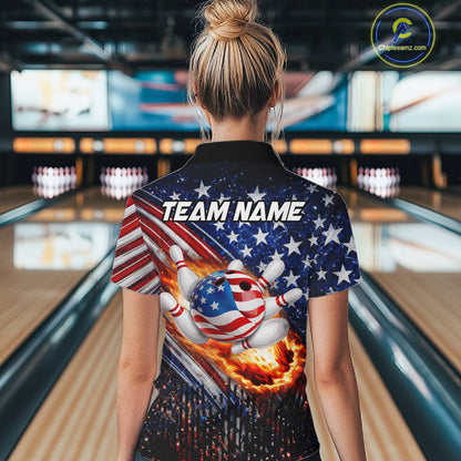American Flag Fire Patriotic Bowling Shirt For Women Custom Bowling Team Jersey Polo & 1/4 Zip TDM6204
