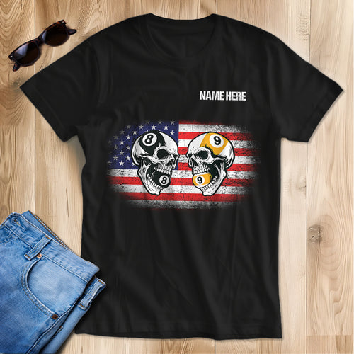 Funny Skull Billiard 8 Ball & 9 Ball Pool T-Shirts Custom Grunge American Flag Billiard Shirts TDM3932