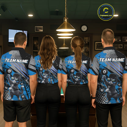 Custom Blue Funny Cat Billiard Shirt For Men, Personalized 8 Ball Pool Team Jersey Polo & 1/4 Zip TDM6442