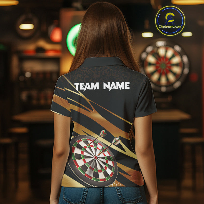 Black And Gold Dart Shirts For Women Custom 3D Dartboard Jersey, Darts Team Polo & Quarter Zip TDM4094
