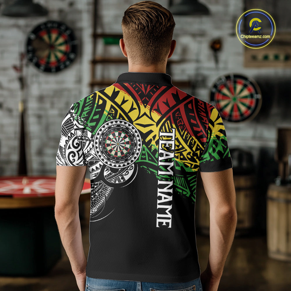 Back view of man wearing a personalized tribal darts team shirt with custom graphics.