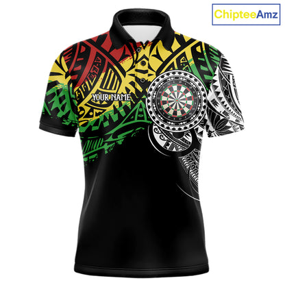 Men’s tribal pattern darts polo shirt with personalized team details for league and tournament play.
