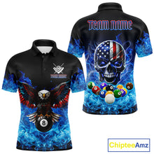 Load image into Gallery viewer, Men’s blue flame smoke eagle skull billiard polo shirt with bold American flag graphics.