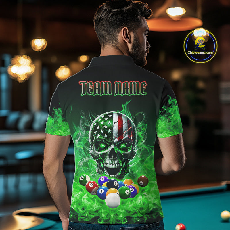 Back view of man wearing a green flame eagle skull pool team shirt in a billiards hall.