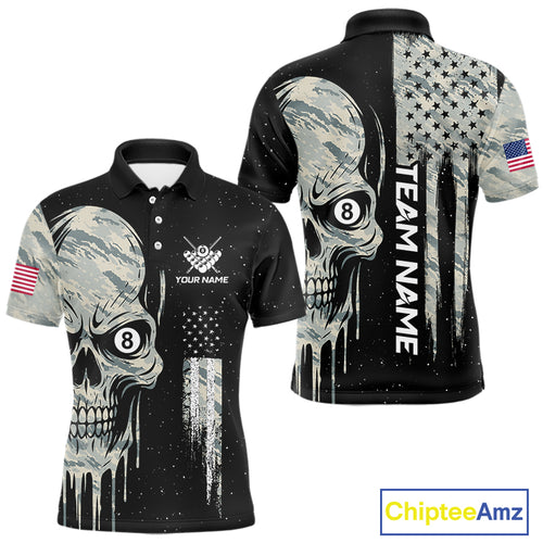 Grunge Camo Skull American Flag Billiard Shirt For Men Custom Patriotic 8 Ball Pool Team Jersey TDM4276