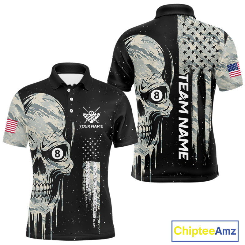 Grunge Camo Skull American Flag Billiard Shirt For Men Custom Patriotic 8 Ball Pool Team Jersey TDM4276