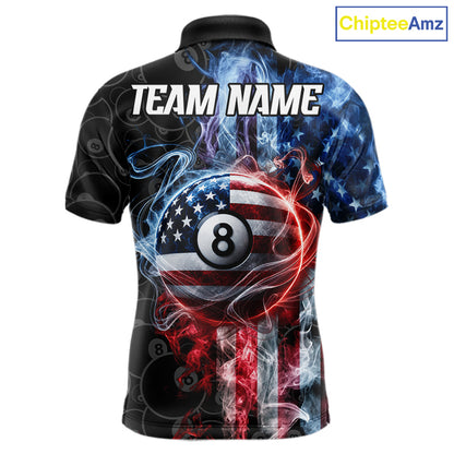 Patriotic smoke American flag 8 ball pool custom billiard polo shirt for men.