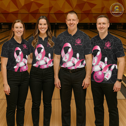 Bowling team wearing matching pink ribbon breast cancer awareness bowling team jerseys, front view.